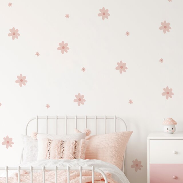 Daisy Flower Wall Stickers - Pink Floral Decal For Nursery, Playroom, Bedroom Children's Repositionable Fabric Mural - image 1
