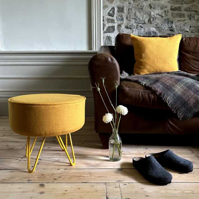 Harris Tweed Mustard Footstool With Steel Hairpin Legs - image 1