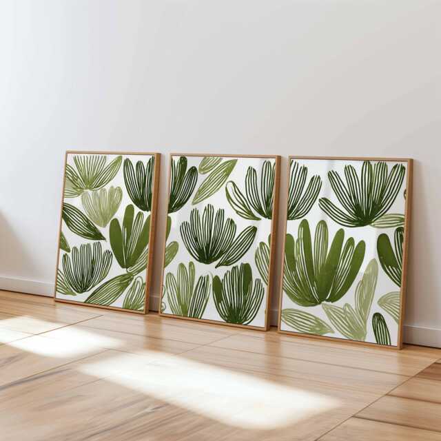Botanical Wall Art Prints Set Of 3, Modern Green Leaf Posters, Minimalist Nature Artwork For Living Room, Bedroom Or Contemporary Home Decor - image 1