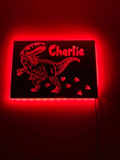 Dinosaur Light Up Mirror Personalised Engraved Acrylic Wall Led Sign. T-Rex, Bedroom, Nursery, Playroom, Name, Boys, Girls Gift, Green - image 1