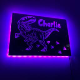 Dinosaur Light Up Mirror Personalised Engraved Acrylic Wall Led Sign. T-Rex, Bedroom, Nursery, Playroom, Name, Boys, Girls Gift, Green - thumbnail 2