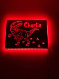 Dinosaur Light Up Mirror Personalised Engraved Acrylic Wall Led Sign. T-Rex, Bedroom, Nursery, Playroom, Name, Boys, Girls Gift, Green