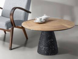 Round Oak Coffee Table With Sculptural Concrete Base, Modern Wood Accent Table, Handmade Furniture