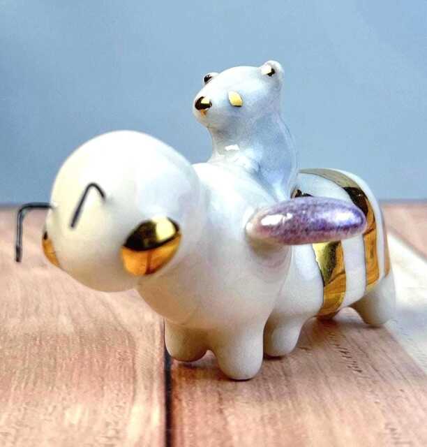 Bear Riding Bee Sculpture, Handmade Porcelain Animal Figurine, Whimsical Art, Cute Decor, Collectible Ceramic Sculpture - image 1