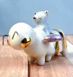 Bear Riding Bee Sculpture, Handmade Porcelain Animal Figurine, Whimsical Art, Cute Decor, Collectible Ceramic Sculpture