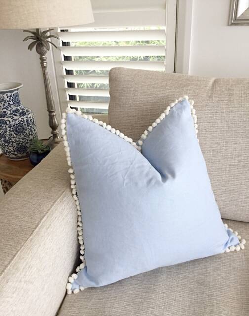 Pale Blue Linen Cushion Cover Pom Coastal Pillow, 20 - image 1