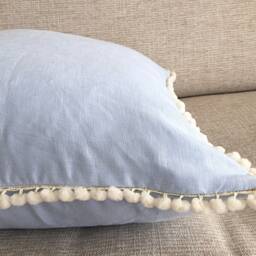 Pale Blue Linen Cushion Cover Pom Coastal Pillow, 20 - thumbnail 2