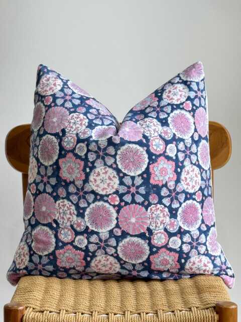 Block Print Pillow Cover Floral Botanical Design, Natural Dyed Batik - image 1