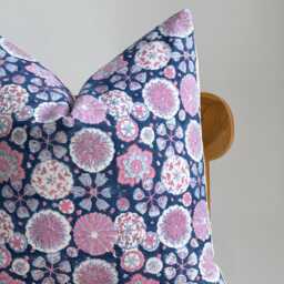 Block Print Pillow Cover Floral Botanical Design, Natural Dyed Batik - thumbnail 2