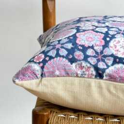 Block Print Pillow Cover Floral Botanical Design, Natural Dyed Batik - thumbnail 3