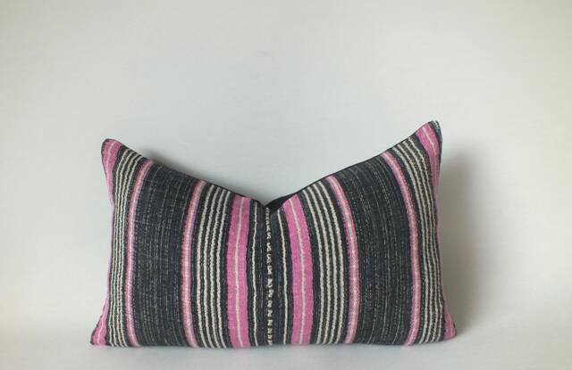 Lumbar Pillow Cover, Hand Woven Striped, Pink & Gray Cushion, Decorative Throw - image 1