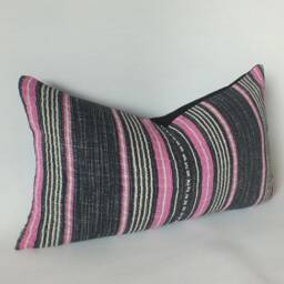 Lumbar Pillow Cover, Hand Woven Striped, Pink & Gray Cushion, Decorative Throw - thumbnail 2