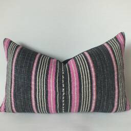 Lumbar Pillow Cover, Hand Woven Striped, Pink & Gray Cushion, Decorative Throw - thumbnail 3