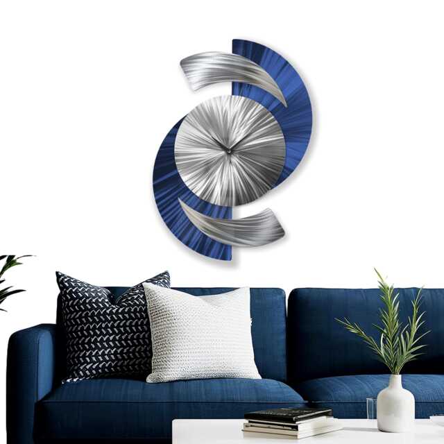 Navy Blue Metal Wall Clock - Modern Silver Art For Home & Office 18x24 - image 1