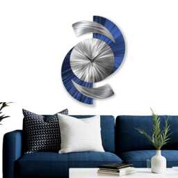 Navy Blue Metal Wall Clock - Modern Silver Art For Home & Office 18x24