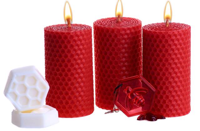Beeswax Gifts Red Set. 3 Pillar 100% Candles With Natural Honey Scent - Size 95cm & Shea Butter Soap For Gift Home Decor - image 1
