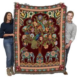 Asian Elephants Woven Tapestry Throw Blanket, Large Soft Comforting, Artistic Textured Design 100% Cotton Made in Usa 72x54 - thumbnail 2