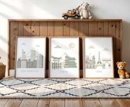 Travel Nursery Art - Paris, Nyc, Tokyo - Sage Green, Gray, Beige - thumbnail 1