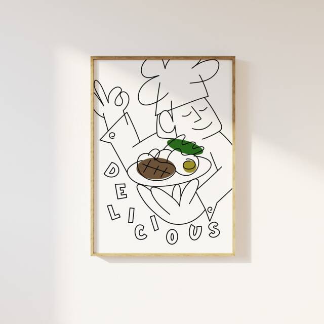 Delicious Retro Illustration Chef Kitchen Print - Aesthetic Decor Doodle, Chefs Kiss Trendy Funky Cafe - image 1