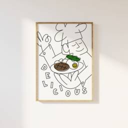 Delicious Retro Illustration Chef Kitchen Print - Aesthetic Decor Doodle, Chefs Kiss Trendy Funky Cafe - thumbnail 1