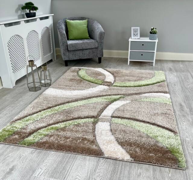 New Silky Soft Green, Beige, Hand Tufted Rings Design Shag Pile Rug - image 1