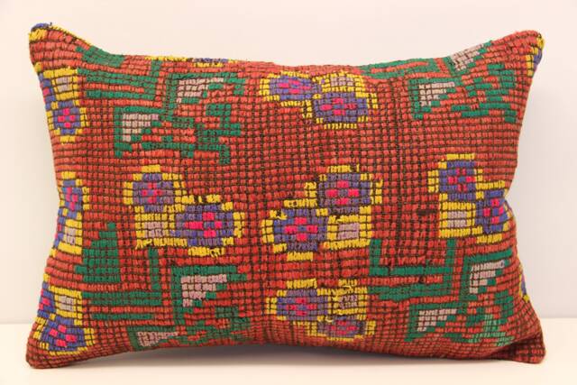 Vintage Turkish Kilim Pillow Cover 16x24, Handmade Wool Lumbar Cushion - image 1