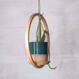 Small Circle Wooden Plant Hanger, Bubble Planter With Saucer, Air Boho, Mid Century Modern - thumbnail 3