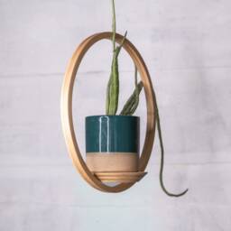 Small Circle Wooden Plant Hanger, Bubble Planter With Saucer, Air Boho, Mid Century Modern - thumbnail 2