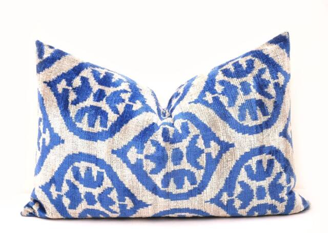 Blue Velvet Ikat Pillow Cover, Handloom Silk Cushion - image 1