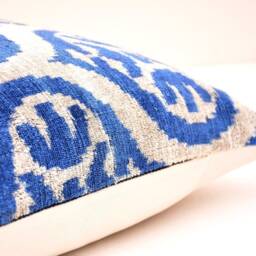 Blue Velvet Ikat Pillow Cover, Handloom Silk Cushion - thumbnail 3