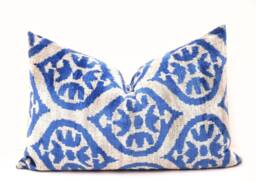 Blue Velvet Ikat Pillow Cover, Handloom Silk Cushion - thumbnail 1