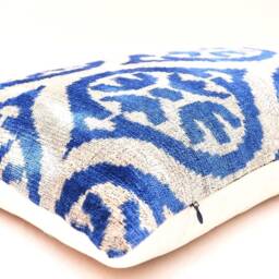 Blue Velvet Ikat Pillow Cover, Handloom Silk Cushion - thumbnail 2
