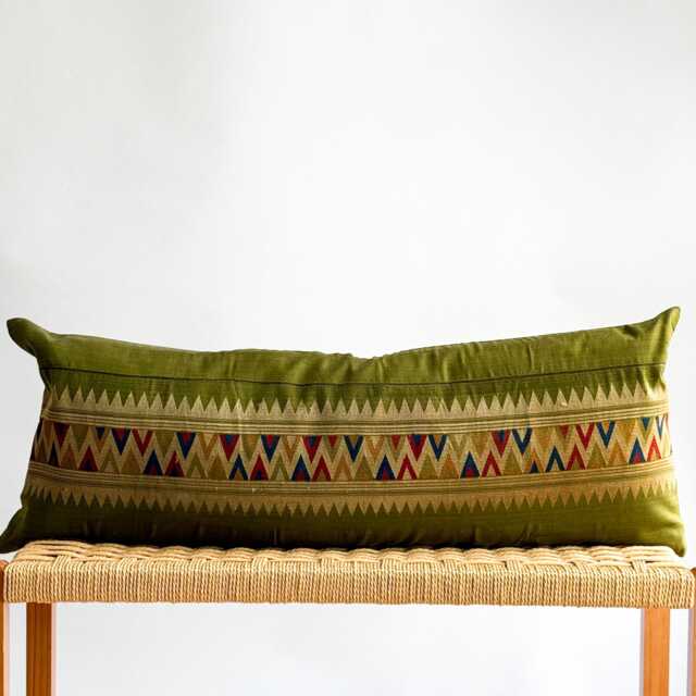 Vintage Hmong Hemp Pillow Handwoven Tribal Textile, Green & Navy Batik - image 1