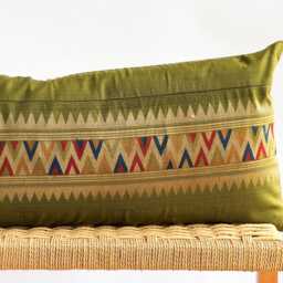 Vintage Hmong Hemp Pillow Handwoven Tribal Textile, Green & Navy Batik - thumbnail 2