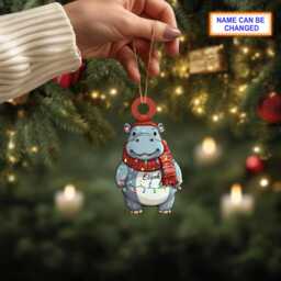Custom Name Cute Hippo Xmas Personalized Ornament, Christmas Tree Hanging Decor, Flat 2D Lovely Gift - thumbnail 3