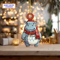Custom Name Cute Hippo Xmas Personalized Ornament, Christmas Tree Hanging Decor, Flat 2D Lovely Gift - thumbnail 2