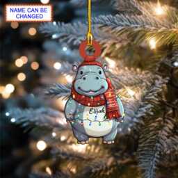 Custom Name Cute Hippo Xmas Personalized Ornament, Christmas Tree Hanging Decor, Flat 2D Lovely Gift - thumbnail 1
