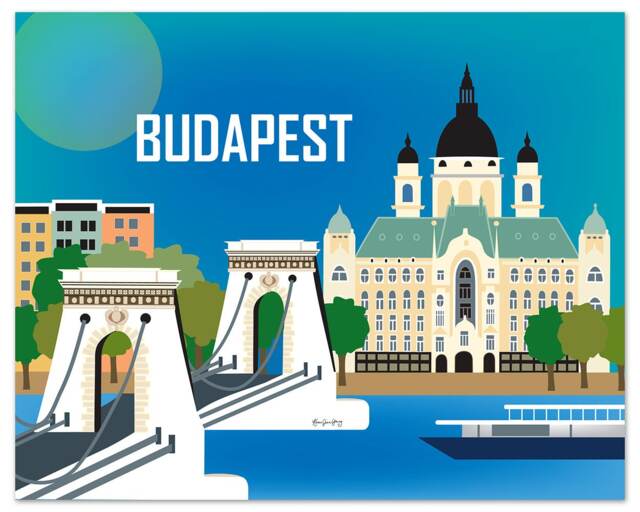 Budapest Skyline Art Print, Chain Bridge, Hungary Travel Poster, Gift, Horizontal Wall Art, Gift, Loose Petals - E8-O-Bud - image 1