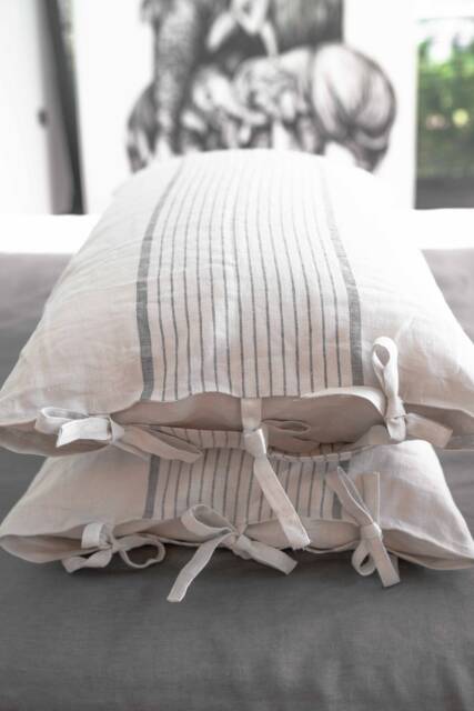 Handmade Linen Pillowcase, Oatmeal Blue Stripe, Stone Washed, With Ties - image 1