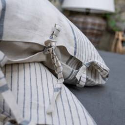 Handmade Linen Pillowcase, Oatmeal Blue Stripe, Stone Washed, With Ties - thumbnail 4