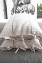 Handmade Linen Pillowcase, Oatmeal Blue Stripe, Stone Washed, With Ties - thumbnail 1