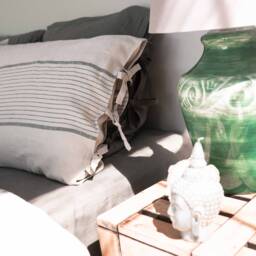 Handmade Linen Pillowcase, Oatmeal Blue Stripe, Stone Washed, With Ties - thumbnail 3