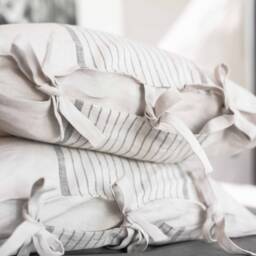 Handmade Linen Pillowcase, Oatmeal Blue Stripe, Stone Washed, With Ties - thumbnail 2
