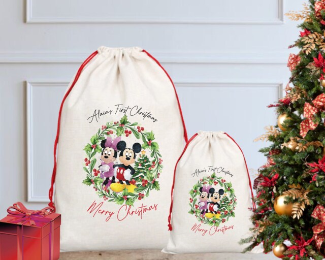 Personalised Mickey & Minnie Baby's First Christmas Sack/stocking, Santa Sack, Eve, Eve Box, Gift - image 1