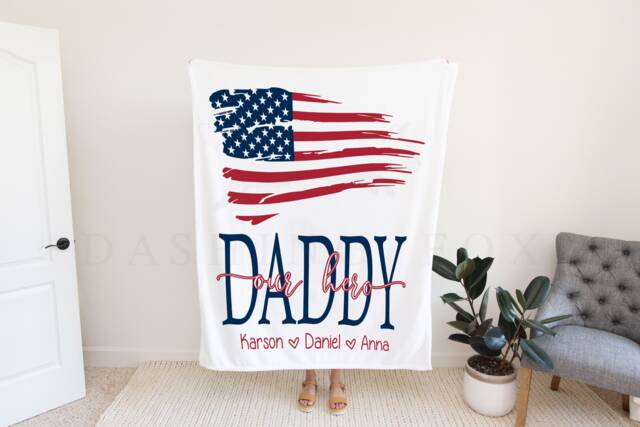 Hero Father's Day Blanket, Fathers Gift, Personalized Blanket For Dad, Grandpa Gift Grandparent, American Flag - image 1