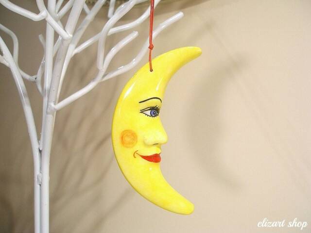 Ceramic Moon Wall Hanging, Hand Painted Ornament, Gift For Baby, Nursery Decor, Crescent Moon, Christmas La Luna, Face - image 1
