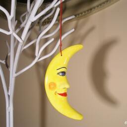 Ceramic Moon Wall Hanging, Hand Painted Ornament, Gift For Baby, Nursery Decor, Crescent Moon, Christmas La Luna, Face - thumbnail 3