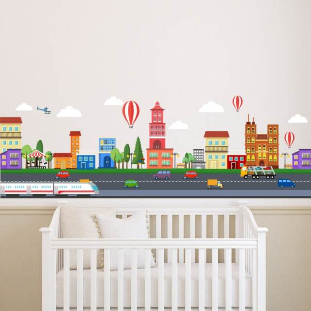 City Wall Decal/Boys Room Decals Kids Skyline Town Playroom Decor Nursery - image 1