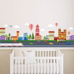 City Wall Decal/Boys Room Decals Kids Skyline Town Playroom Decor Nursery - thumbnail 1