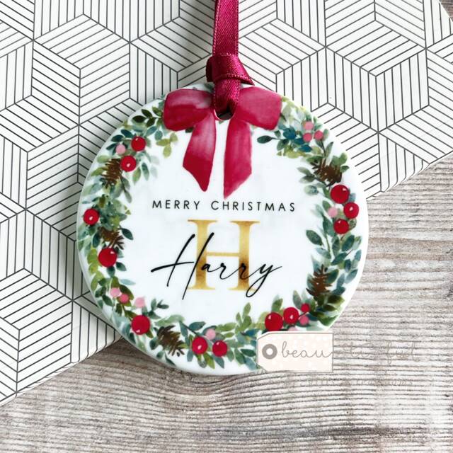 Personalised Name Merry Christmas Bow Greenery Wreath Design Ceramic Or Acrylic Round Ornament Keepsake - image 1